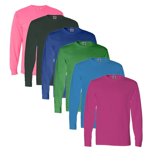 Fruit of the Loom - HD Cotton Adult Long Sleeve T-Shirt | 5 oz, Multi-Color Assorted Tees, Crew Neck Women’s Bulk T-Shirts, Mixed Color - Pack of 6 Tee, | Size- 2X-Large