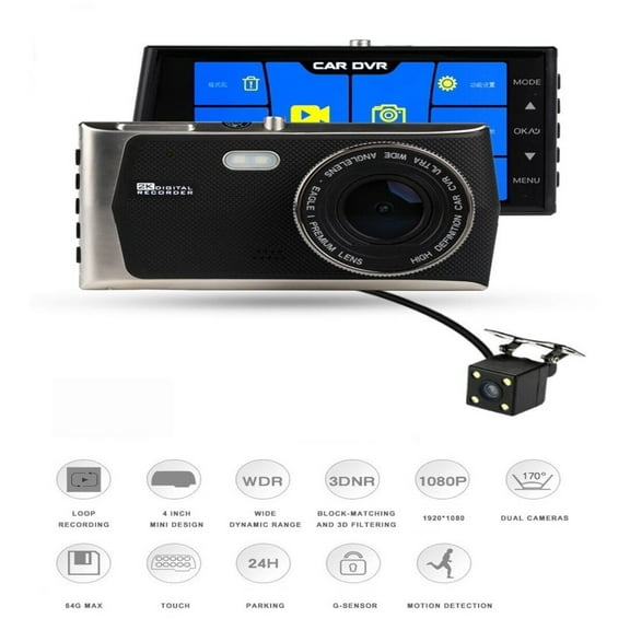 HD Dash Cam 4" IPS Touch Screen Dual Lens Car Camera 1080P FHD Video Record and Backup Camera, 170 Degree Angle,G-Sensor,Parking Monitor, Loop Record& Night WITH 32 GB SD CARD
