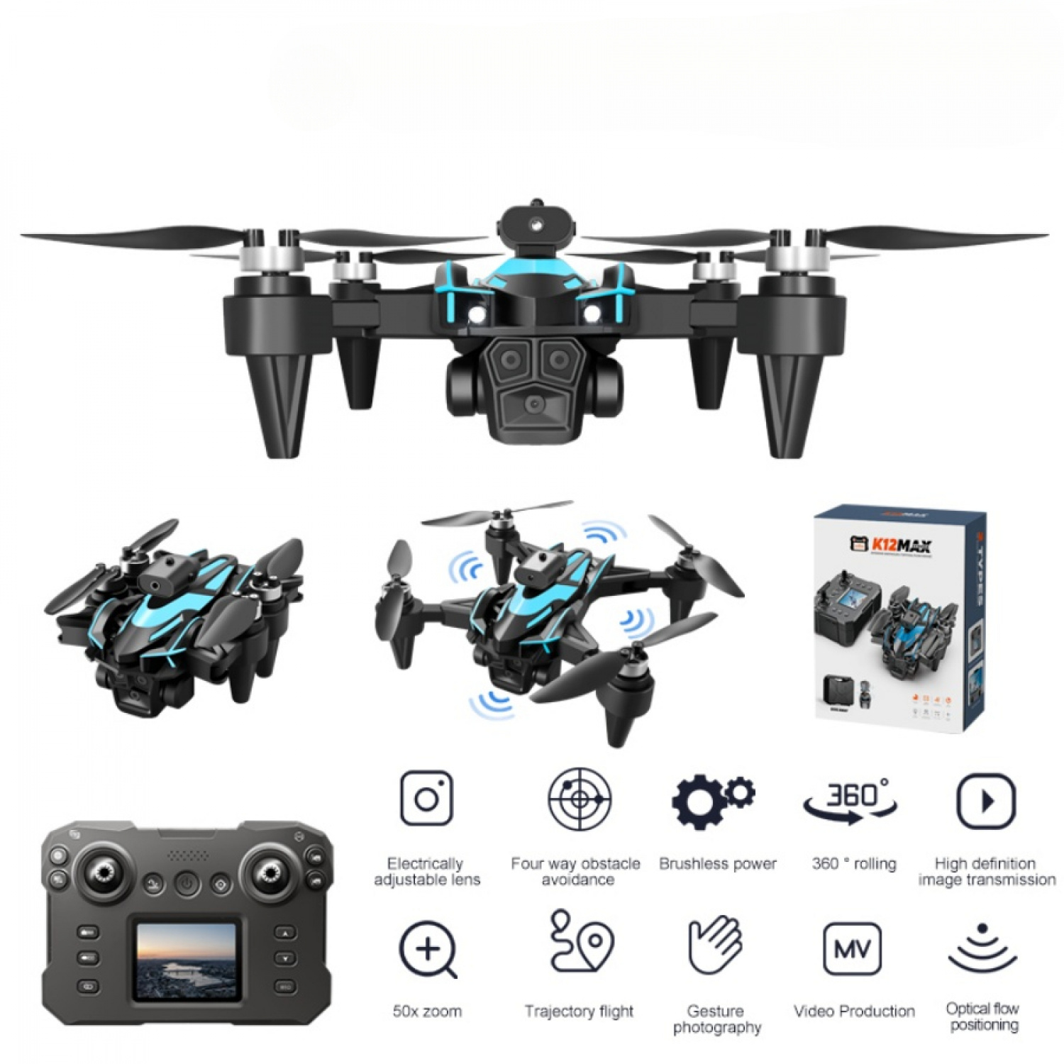 HD Dual Camera Drone with 10Screen Remote Controller 2 Batteries  Live Video Optical Flow Positioning 360 Flips 2 Speed Modes Portable Handbag SD Card