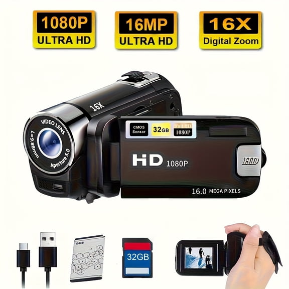 270 Flip Screen Camcorder with LED, 1080P HD, 16x Zoom, 2.4" Display, Wide Angle, 32GB Card, Built-in Battery, for Travel/Party/Home Recording