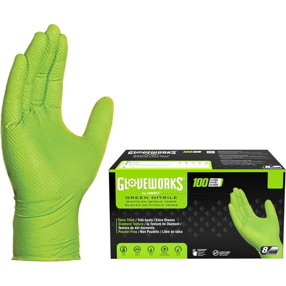 HD Green Gloves, 8 Mil Nitrile Disposable Heavy Duty Raised Diamond Grip Mechanic Glove, Bulk Purchasing Options