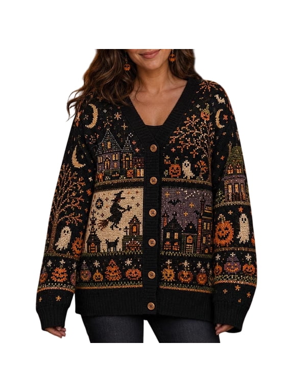 Skeleton Pumpkin Ghost Polyester Knitted Cardigan