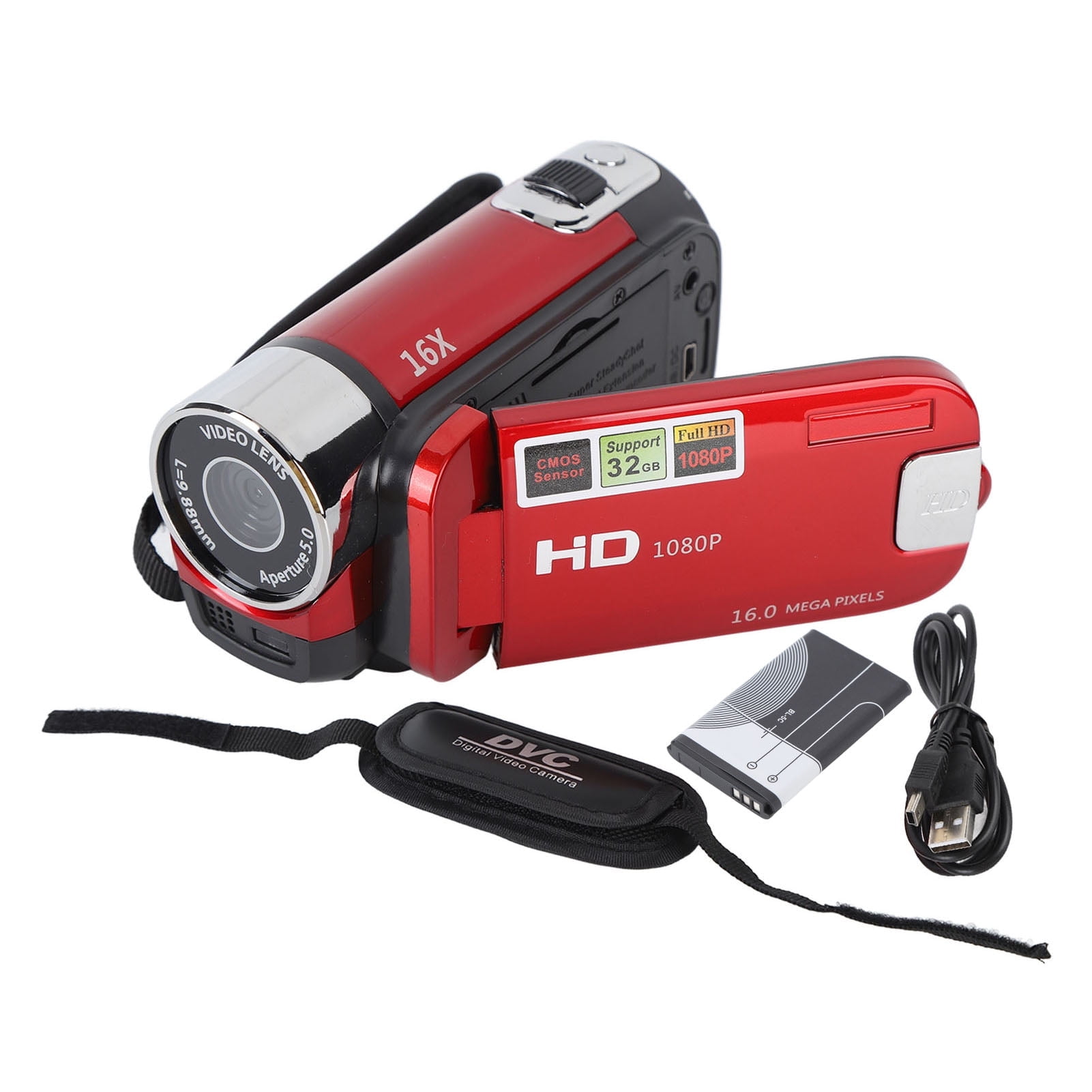 HD Handheld Video Camcorder Digital Camcorder, 1080P 16MP DV Camera 2.7in  TFT Rotatable Screen 16x Digital Zoom Video Camera with USB Cable (Red)