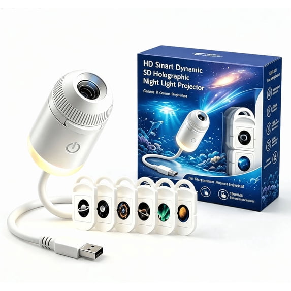 HD Holographic Night Light Projector, USB Galaxy Ocean Projector, 6 Film Slides, Flexible Gooseneck 2‑in‑1 Projection Night Light