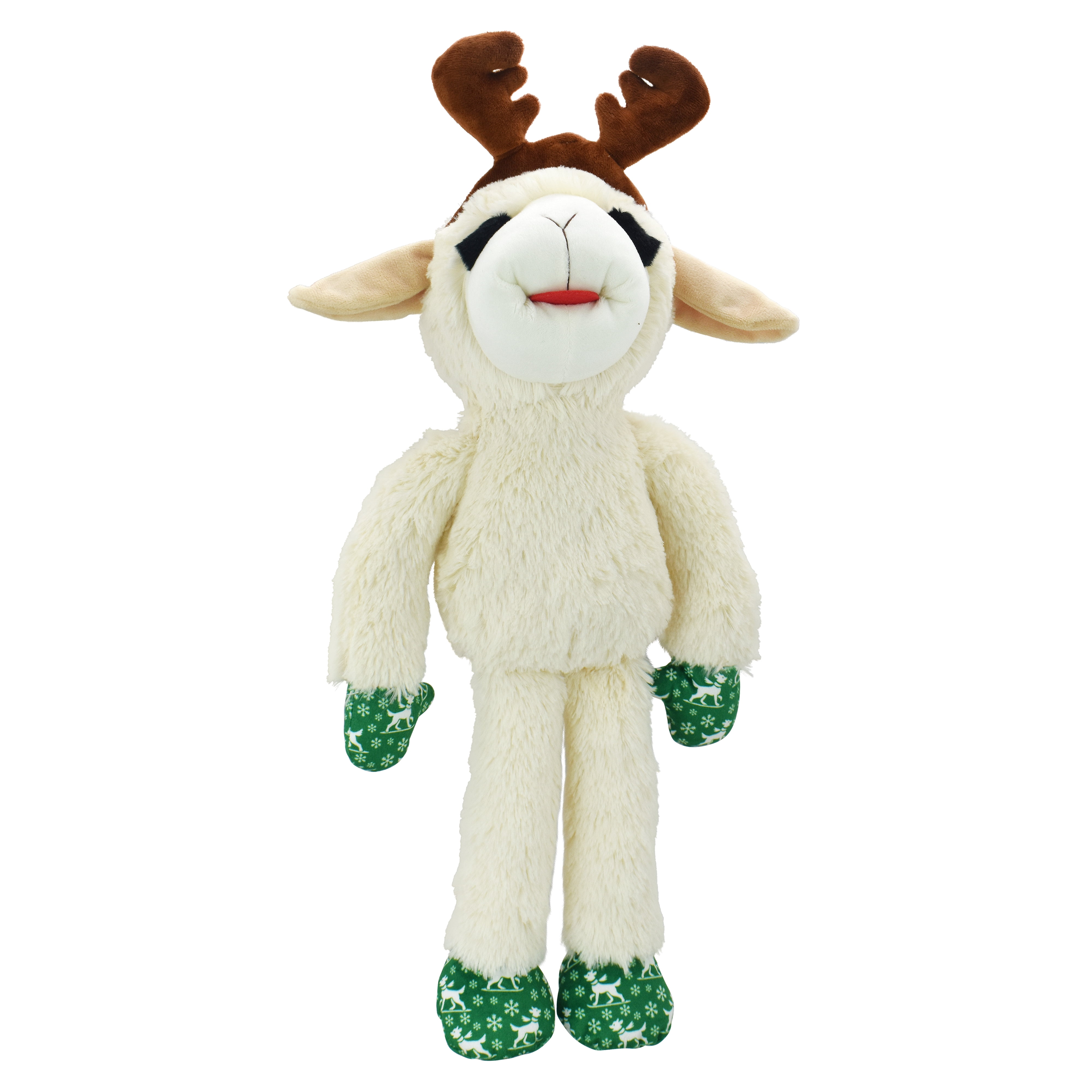 Multipet Plush Jumbo Holiday Lamb Chop Reindeer Dog Toy, Squeaker, Green and White Holiday Pattern Paws with Reindeer Antlers, 21"