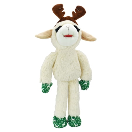 Multipet Plush Jumbo Holiday Lamb Chop Reindeer Dog Toy, Squeaker, Green and White Holiday Pattern Paws with Reindeer Antlers, 21"