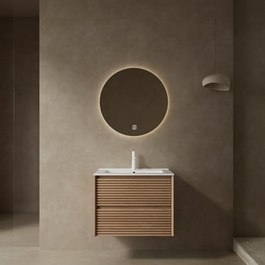 HD JUNTUNKOR 24" Bathroom Vanity with Ceramic Sink, Modern Wall-Mounted Floating Plywood Bathroom Storage Cabinet with 2 Drawers, Natural Walnut