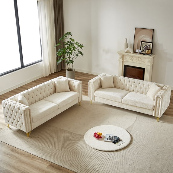 HD JUNTUNKOR 82" 2 Piece Beige 3-Seater Velvet Chesterfield Sofa Set, Button Tufted Nailhead Trimming,Combination Sofa with 4 Pillows and Gold Legs