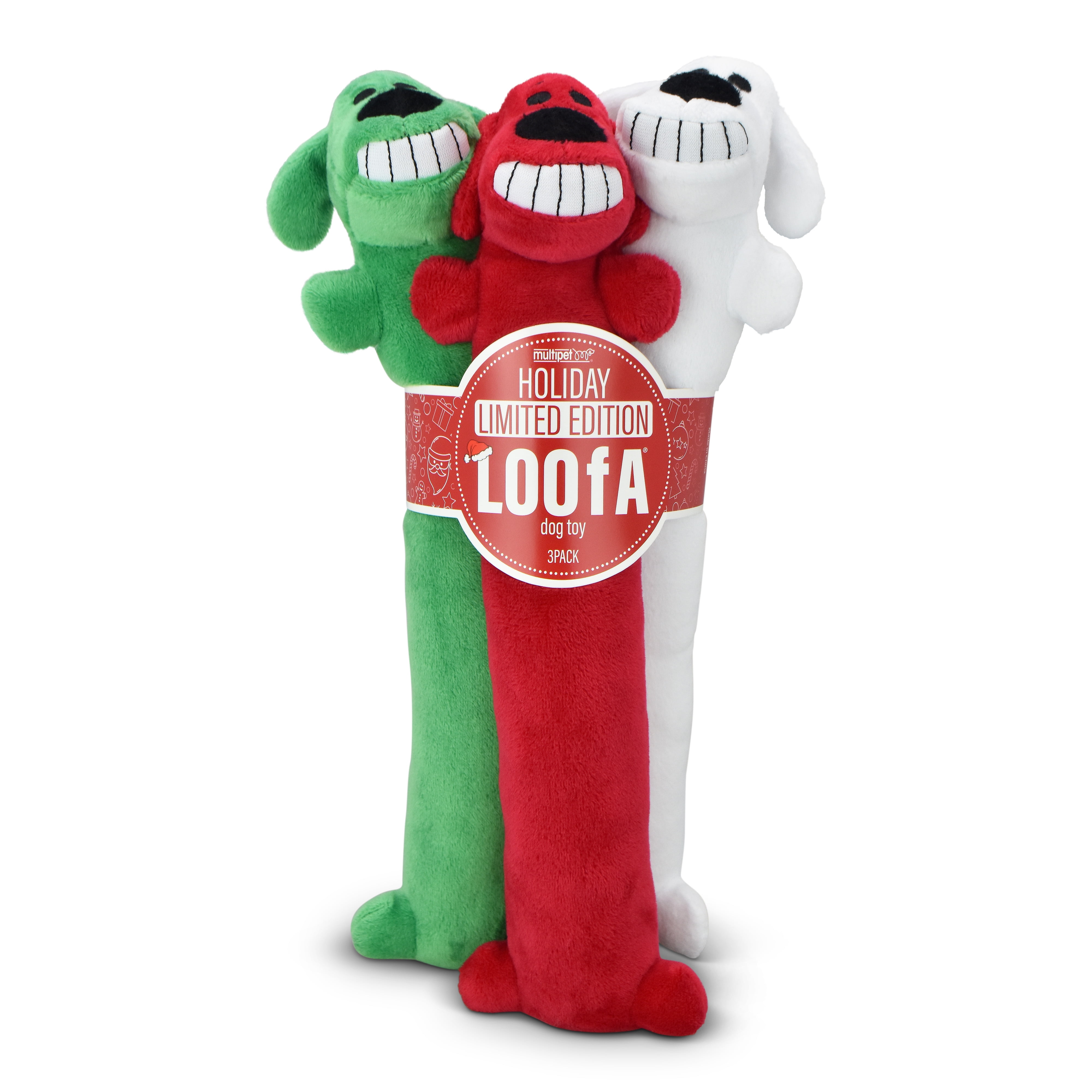 Multipet Plush Holiday Loofa Dog Toy, Stuffing & Squeaker, 3 pk. with Red, White & Green, 12" Each
