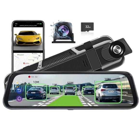 HD Multi-Function Touch Screen Car Recorder, 10'' Mirror Dash Cam Night Vision, 1080p Fhd Full Touch Screen Front/Rear View Backup Camera, for Cars, SUVs (32G)