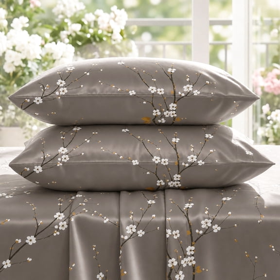 HD Plum Blossom Botanical Printed 4-Piece Bedding Set, Breathable All-Season Mattress Protection Bedding for Bedroom & Dorm(Coffee,Twin)