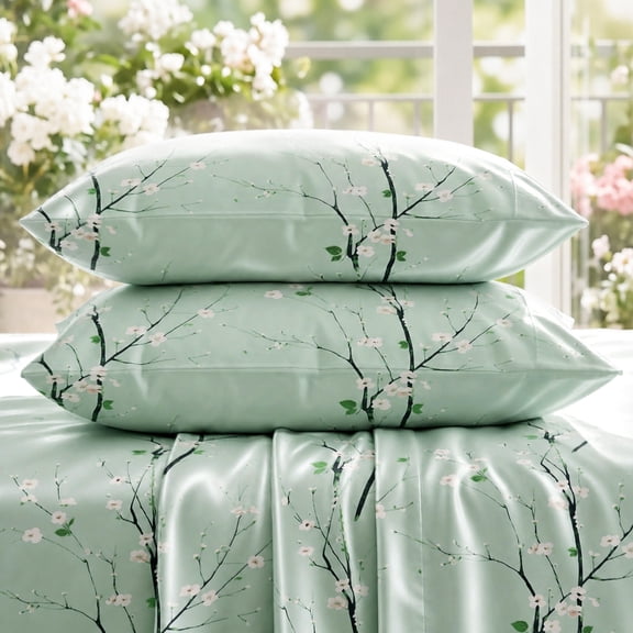 HD Plum Blossom Botanical Printed 4-Piece Bedding Set, Breathable All-Season Mattress Protection Bedding for Bedroom & Dorm(Green,Twin)