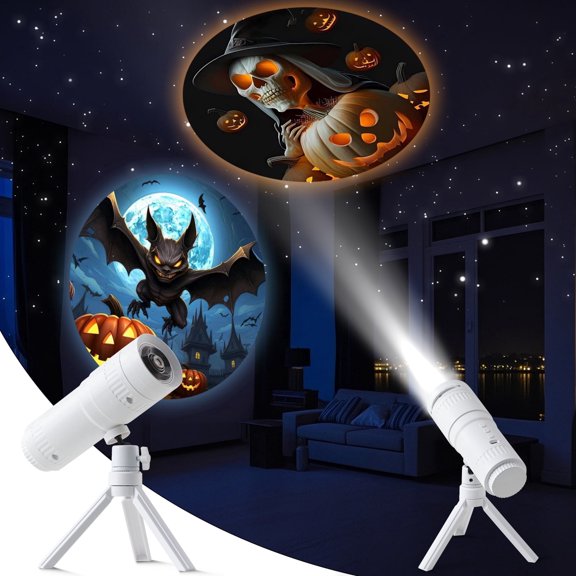 HD Projector Light, 16 Spooky Halloween Patterns, 360° Full View Rotatable Projection, Intelligent Auto-off Timer Function, Witches, Vampires, Bats, Ghosts, Clowns, Pumpkin Skeletons and More