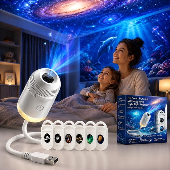 HD Smart Dynamic 5D Holographic Night Light Projector, 2-in-1 Galaxy Star and Ocean Projector with 24 Films, 360° Rotating USB Powered Ceiling Light for Bedroom Kids Room Decor (6PCS)