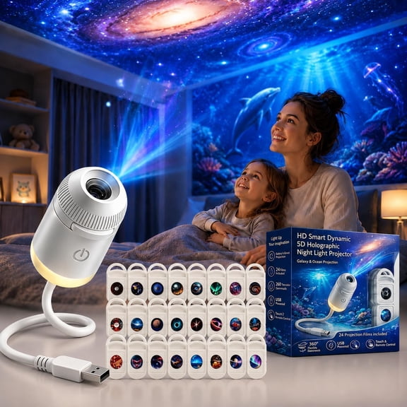 HD Smart Dynamic 5D Holographic Night Light Projector, 2-in-1 Galaxy Star and Ocean Projector with 24 Films, 360° Rotating USB Powered Ceiling Light for Bedroom Kids Room Decor (24PCS)