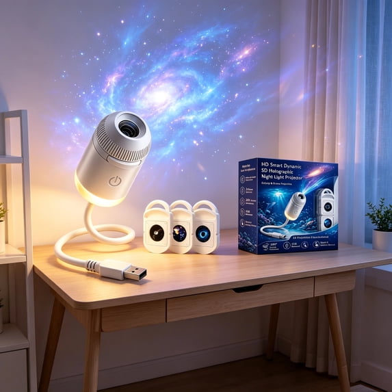 HD Smart Dynamic 5D Holographic Night Light Projector, 360° Rotatable HD Star Projector Plug and Play, USB Galaxy Night Light for Bedroom Ceiling Decoration (3 Films)