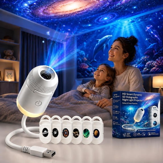 HD Smart Dynamic 5D Holographic Night Light Projector with 6 Projection Films, 360° Flexible Gooseneck, Galaxy & Ocean Ceiling Projection with Remote/Touch Control for Teens, Adults, Bedroom Decor