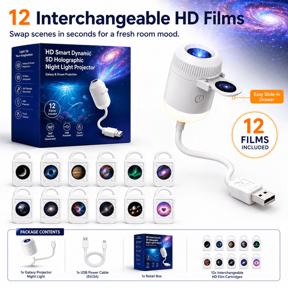 HD Smart Dynamic 5D Holographic Night Light Projector, Galaxy Projector Night Light with 24 Films, USB Plug and Play Star Projector with 360° Flexible Gooseneck for Bedroom Ceiling