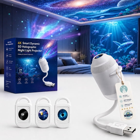 HD Smart Dynamic 5D Holographic Night Light Projector, Plug and Play 2-in-1 Galaxy Star and Ocean Projector with 24 Films, 360 Rotating USB Powered Ceiling Light for Bedroom Decor (with 24 Films)