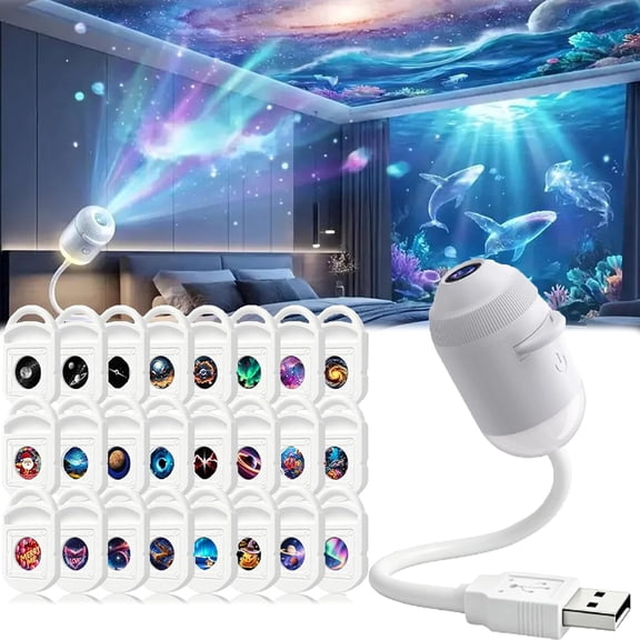HD Smart Dynamic 5D Holographic Night Light Projector,Plug and Play HD 2-in-1 Galaxy Star Projector,360 Rotating, USB Powered，with 24 Films