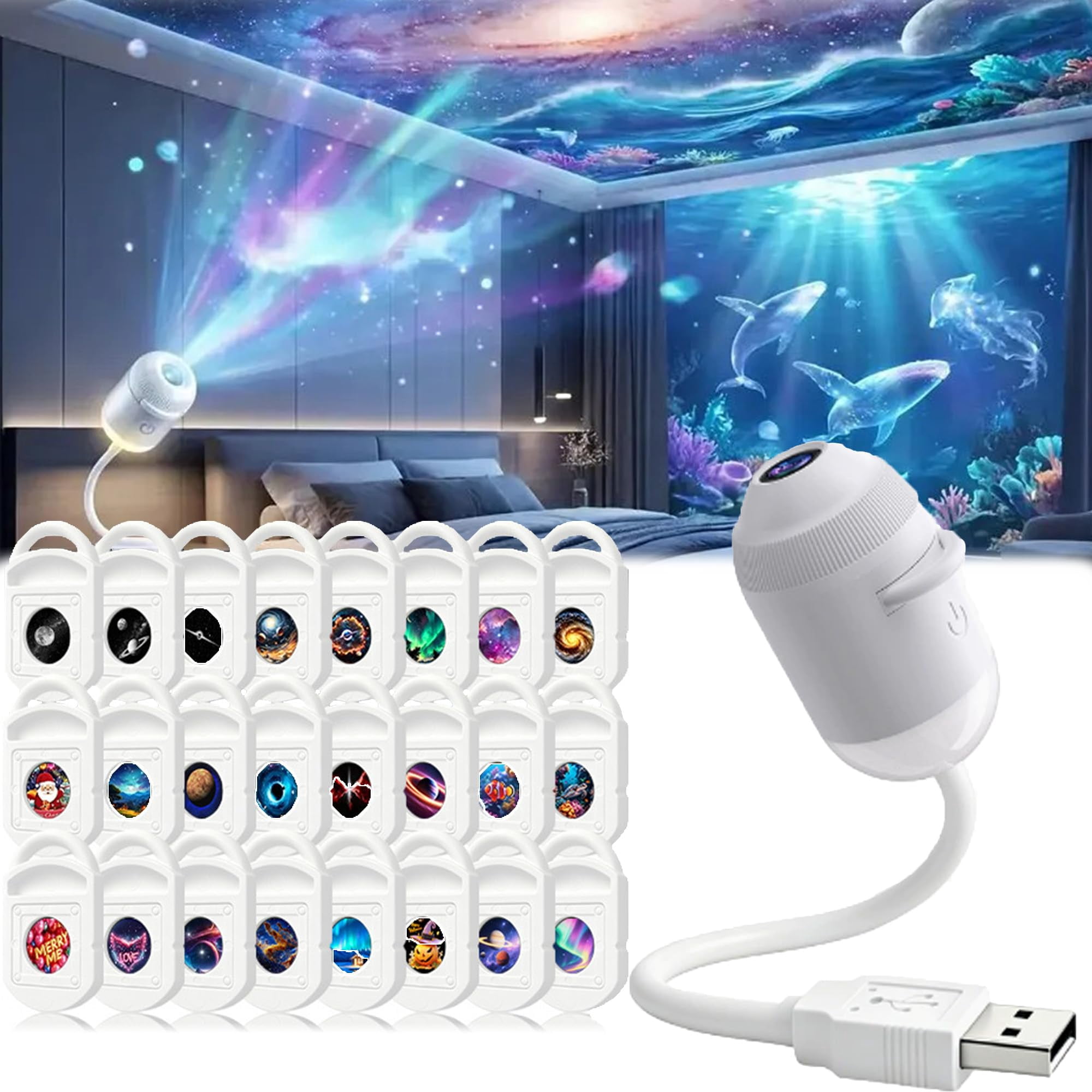 HD Smart Dynamic 5D Holographic Night Light Projector,Plug and Play HD 2-in-1 Galaxy Star Projector,360 Rotating, USB Powered，with 3 Films
