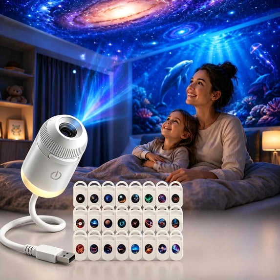 HD Smart Dynamic Holographic Night Light Projector, 2-in-1 Galaxy Star and Ocean Projector with 24 Films, 360° Rotating USB Powered Ceiling Light for Bedroom Decor (D-24pc)