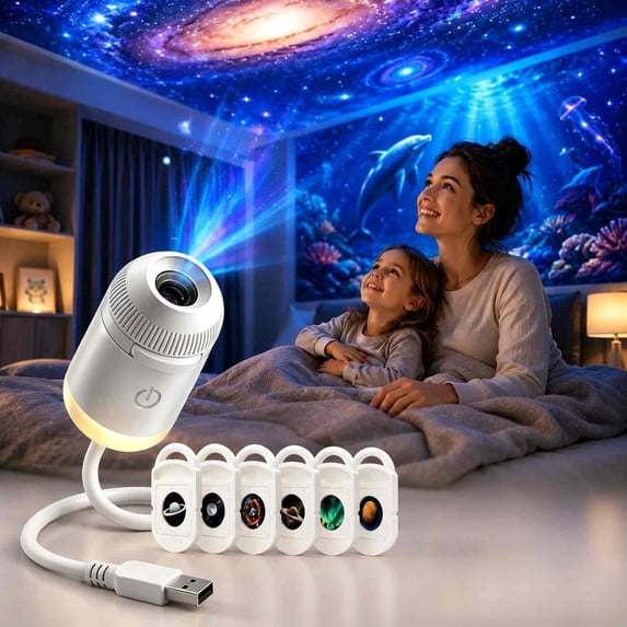 HD Smart Dynamic Holographic Night Light Projector, 2-in-1 Galaxy Star and Ocean Projector with 6 Films, 360° Rotating USB Powered Ceiling Light for Bedroom Decor (D-6pc)