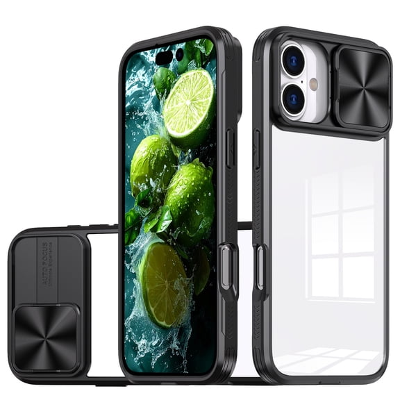 HD Transparent Case with Camera Privacy Cover for iPhone 16 - Black