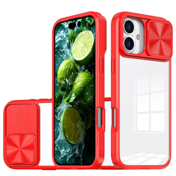 HD Transparent Case with Camera Privacy Cover for iPhone 16 Plus - Red