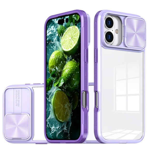 HD Transparent Case with Camera Privacy Cover for iPhone 16 - Purple