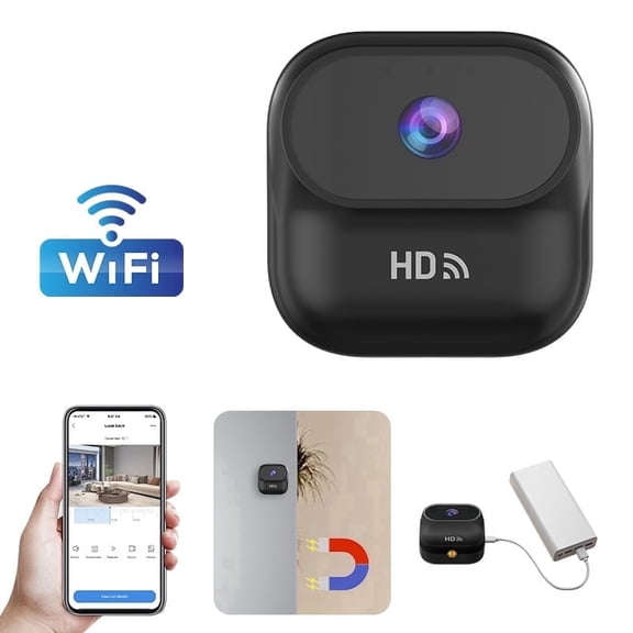 Ourlife Magnetic-Mount Mini Security Camera, Rechargeable, App Monitoring, Motion Detection, Night Vision, Black, 1-Pack