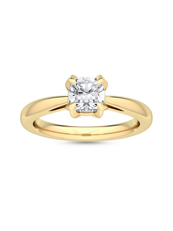 HDD 1-5 Carat (ctw) Yellow Gold LAB GROWN Diamond Four Prong Set Solitaire Engagement Ring (Color E-F, Clarity VS2-SI1) Cushion Shape 1 Carat Size: 4