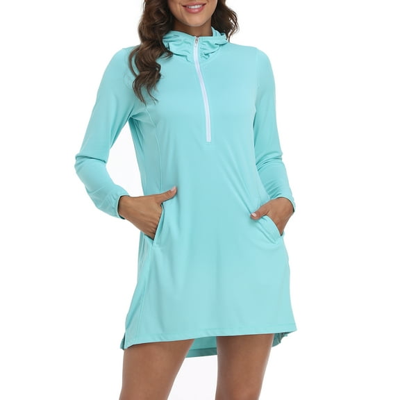 HDE Beach Coverups for Women UPF 50 Long Sleeve Swim Cover Up Dress with Hood Blue - L