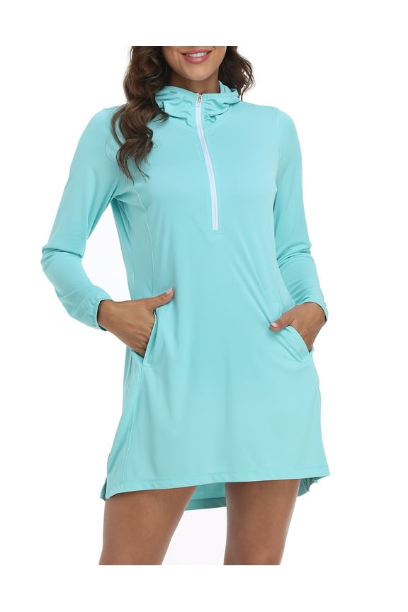 Beach Coverups for Women UPF 50 Long Sleeve Swim Cover Up Dress with Hood Blue - L