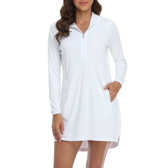 HDE Beach Coverups for Women UPF 50 Long Sleeve Swim Cover Up Dress with Hood White - XXL