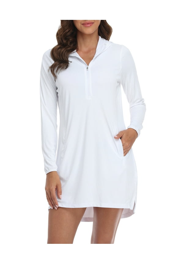 Beach Coverups for Women UPF 50 Long Sleeve Swim Cover Up Dress with Hood White - XXL