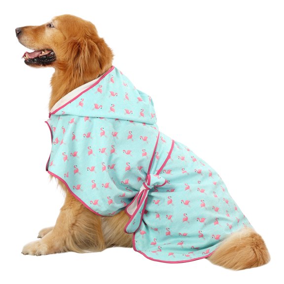 HDE Dog Bathrobe Drying Towel with Hood for Large Dogs Flamingos L