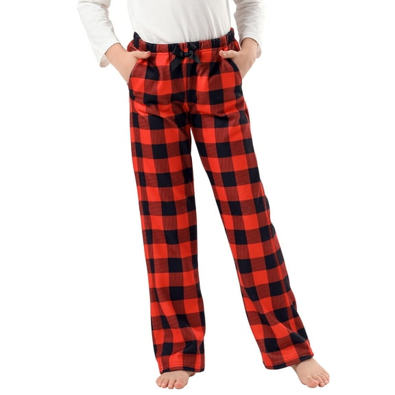 HDE Girl's Fleece Pajama Pants Kids Sleepwear Fuzzy Plush PJ Bottoms w/ Pockets Buffalo Plaid - 14
