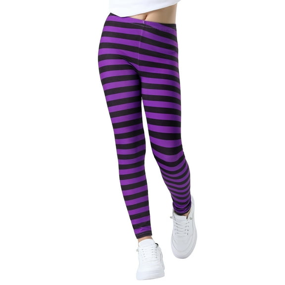 HDE Girl's Leggings Holiday Stretchy Full Ankle Length Stripe and Black Tights Purple and Black Stripes 10-12