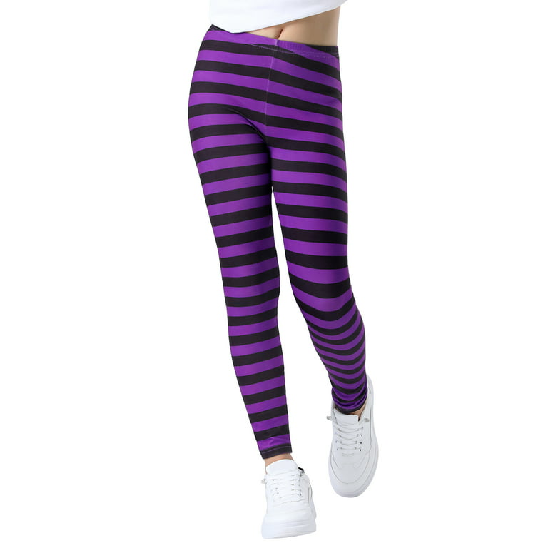 HDE Girl's Leggings Holiday Stretchy Full Ankle Length Stripe and Black Tights  Purple and Black Stripes 14-16 
