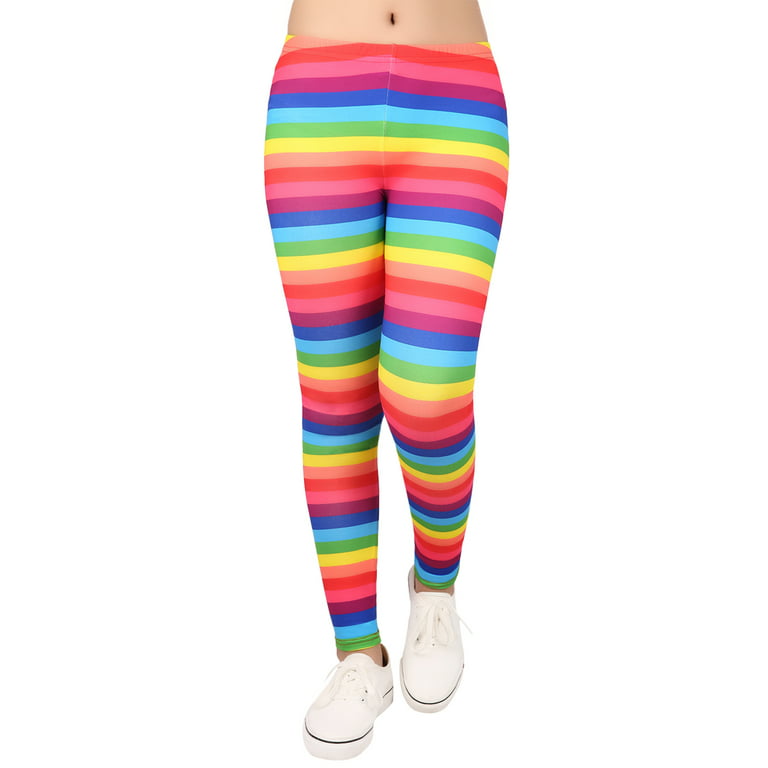 HDE Girl's Leggings Holiday Stretchy Full Ankle Length Stripe and Black  Tights Rainbow Stripes 14-16