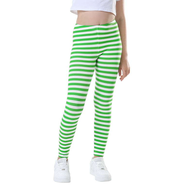 HDE Girl's Leggings Holiday Stretchy Full Ankle Length Striped Tights Green  and White Stripes XS