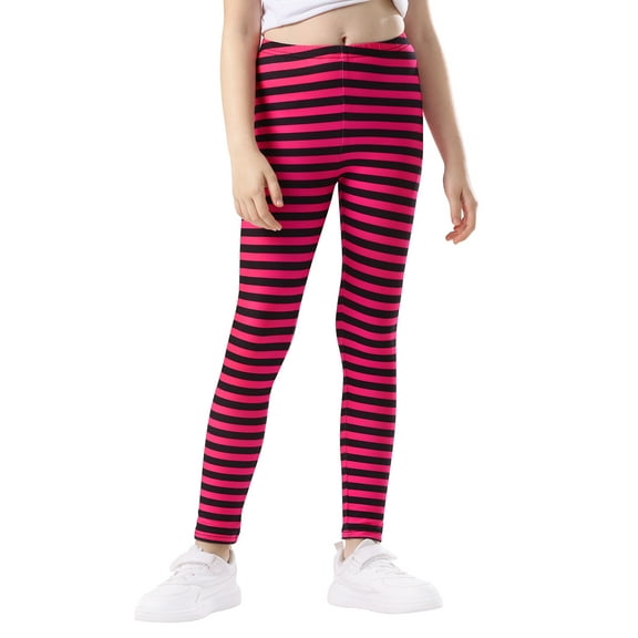 HDE Girl's Leggings Holiday Stretchy Full Ankle Length Striped Tights Pink and Black Stripes - S