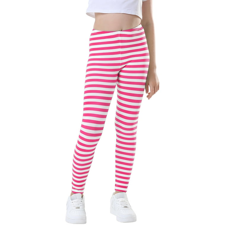 HDE Girl's Leggings Holiday Stretchy Full Ankle Length Striped Tights Pink  and White Stripes XS