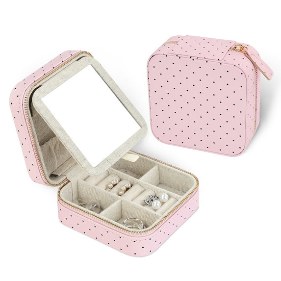 HDE Girl's Travel Jewelry Case Faux Leather Mini Organizer Box with Mirror Gift - Pink Polka Dots