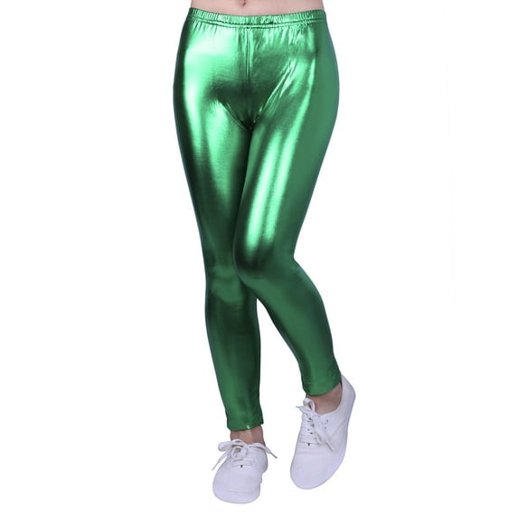HDE Girls Shiny Wet Look Leggings Kids Liquid Metallic Footless Tights (4T-12) (Green, 10/12)