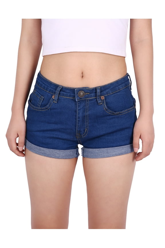 Junior's Womens Mid Rise Stretchy Denim Jean Shorts (Blue, Large)