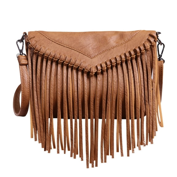 HDE Leather Envelope Fringe Shoulder Bag Tassel Crossbody Handbag Women's Purse (Camel)
