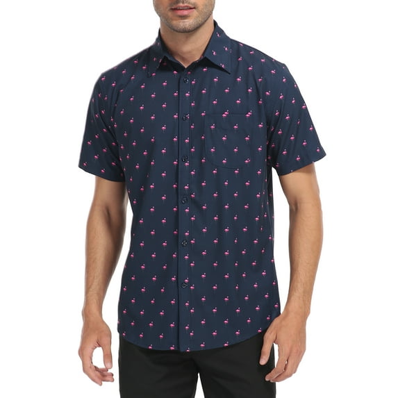HDE Mens Casual Button Down Shirt S-5XL Big Short Sleeve Floral Hawaiian Print Flamingo - S