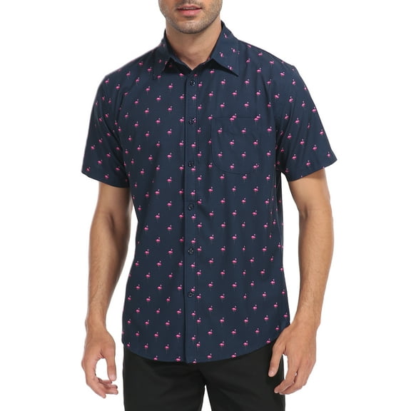 HDE Mens Casual Button Down Shirt S-5XL Big Short Sleeve Floral Hawaiian Print Flamingo - S
